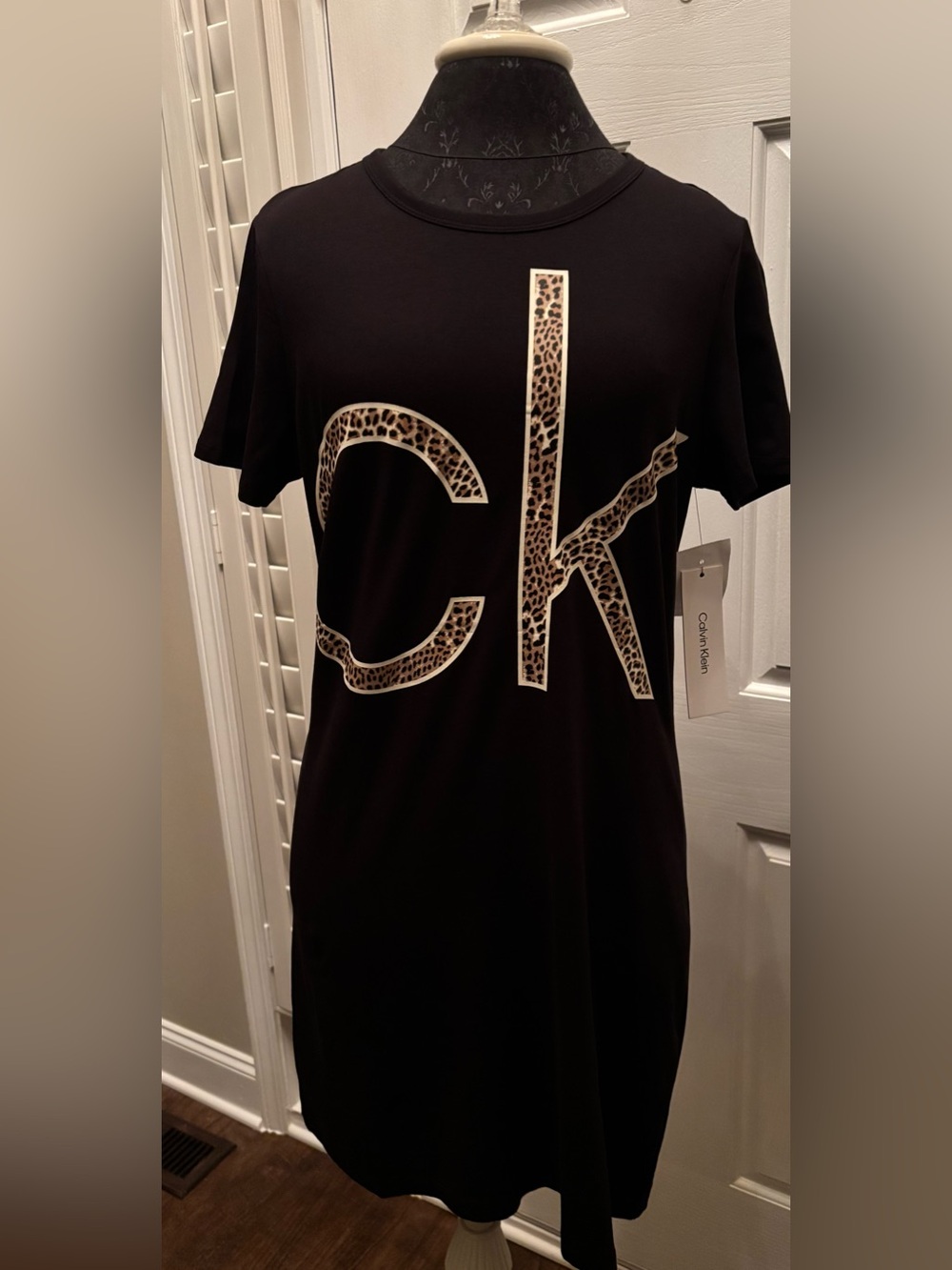NWT Calvin Klein Black Tee Dress with Leopard CK Print- Medium